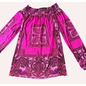 INC International Concepts Pink Paisley Mesh Off Shoulder Smocked Tunic Top Med
